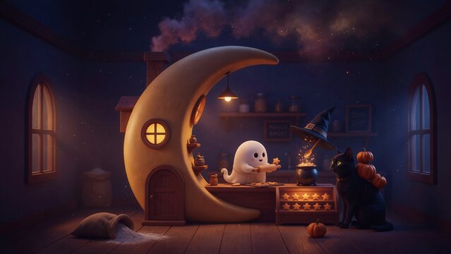 A cute little ghost sits inside a crescent moon shaped house in a dark room with a warm glowing fireplace nearby