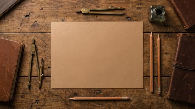 Overhead flat lay of blank brown craft paper on rustic dark wooden desk with vintage school supplies