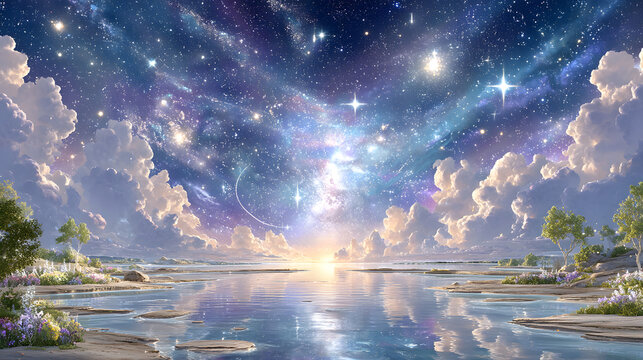 Pastel Celestial Dreamscape Wallpaper Dreamy Cosmic Landscape with Starry Sky Reflection Dreamy Galaxy Night Aesthetic Magical Starry Sky Background