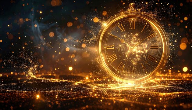 Abstract circular clock glow with golden particles, midnight celebration atmosphere, clean premium background