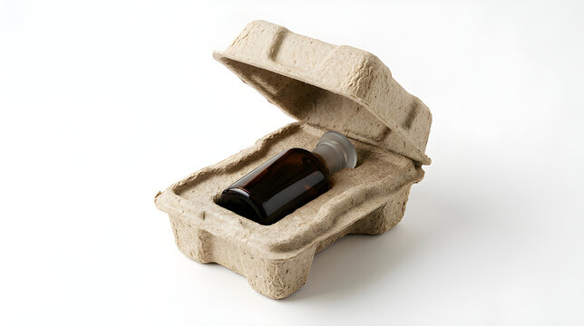 Dark Glass Bottle with Stopper Inside Molded Fiber Packaging Concept of Sustainable Apothecary Eco Friendly Cosmetic Packaging and Biodegradable Product Box
