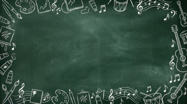 Empty flat green chalkboard texture background with hand drawn art and music doodle border