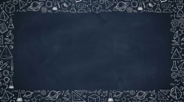 Blank flat navy blue chalkboard texture background with hand drawn science chalk doodles