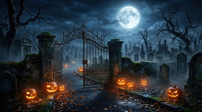 Graveyard Entrance Gate Lined with Glowing Pumpkins