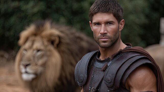 Roman gladiator escapes a lion attack in ancient arena with a lost sword
