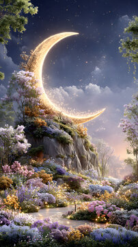 Pastel Celestial Dreamscape Wallpaper Enchanted Crescent Moon Over Dreamlike Floral Landscape Dreamy Galaxy Night Aesthetic Magical Starry Sky Background