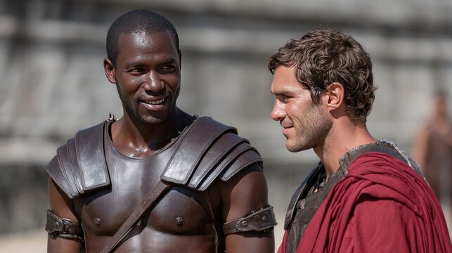 Conversation between a gladiator and a Roman officer in an ancient arena