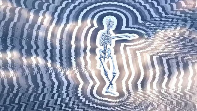 Dancing skeleton grooves to electronic music against hypnotic monochrome concentric aura wave tunnels in an immersive 3D animation for VJ stage screens