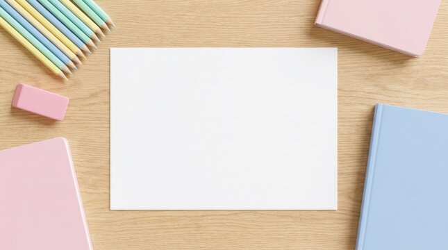 Top view overhead flat lay of blank white paper on light wooden desk with pastel school supplies