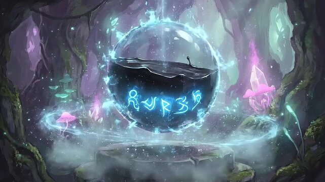 Magical orb background loop featuring glowing runes and black liquid inside a fantasy forest.
