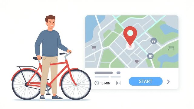 Man with red bicycle using digital navigation map app for urban trip