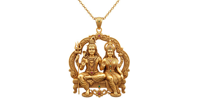Gold pendant of lord shiva and goddess parvati seated together isolated on transparent background
