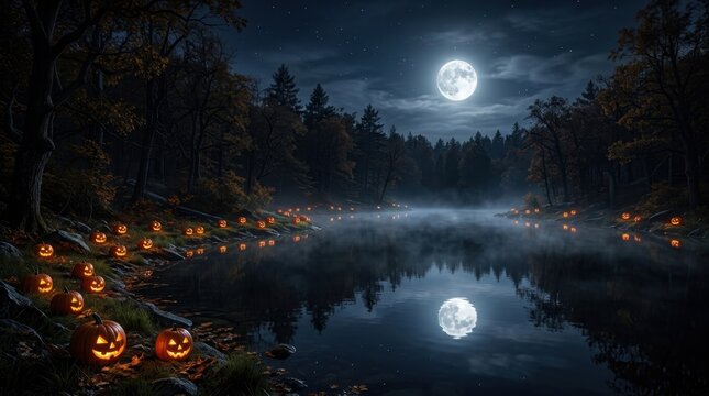 Moonlit Lake Shore Lined with Carved Pumpkins