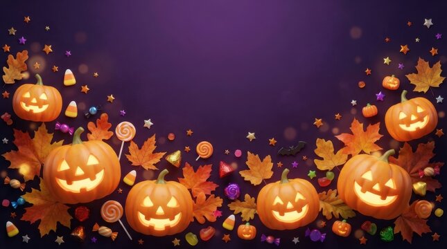 Purple Halloween Background with Pumpkins and Leaves