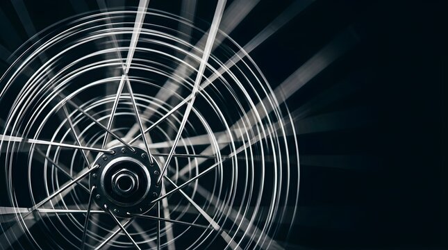 Motion blurred bicycle wheel spinning against a dark background