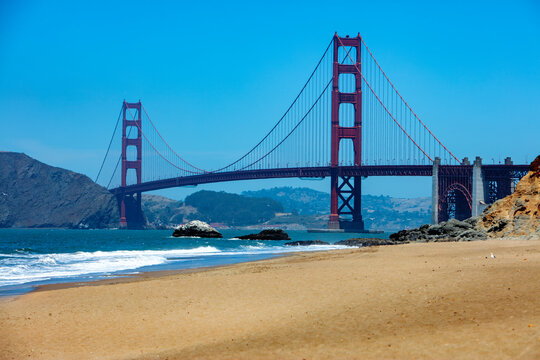Empty beach in front of the Golden Gate Bridge in San Francisco