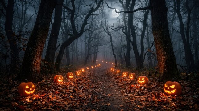 Gnarled Forest Pathway Lined with Jack Lanterns