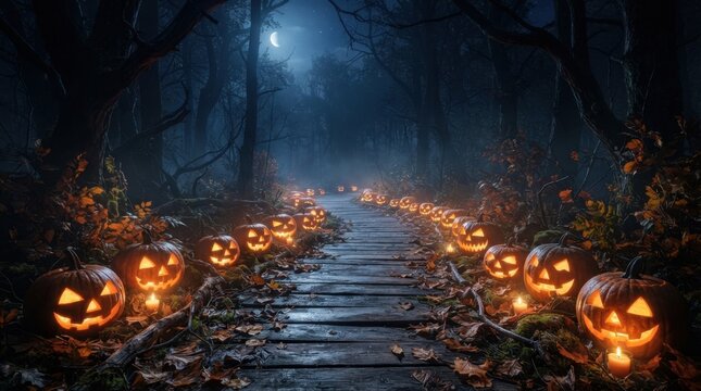 Wooden Deck Path Lined with Jack Lanterns
