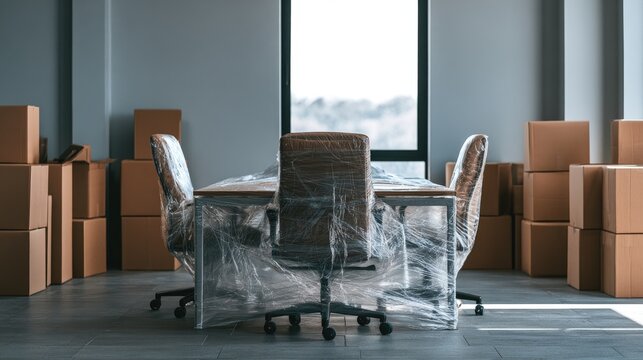 Office interior during a move with furniture covered in plastic and cardboard boxes stacked along the walls under bright natural light
