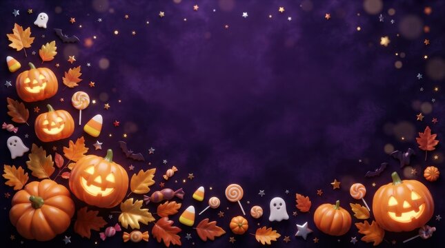 Purple Spooky Frame Border with Pumpkins and Candy
