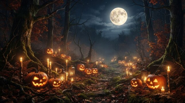 Full Moon Night Over Spooky Forest Path