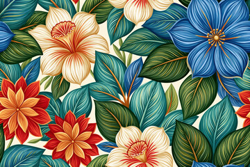 Fototapeta premium Vibrant floral seamless pattern with blue red white flowers and lush green leaves