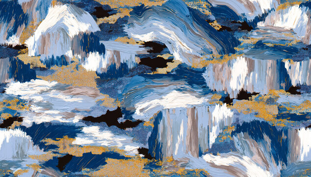 Modern abstract seamless pattern with blue white oil brushstrokes and gold glitter