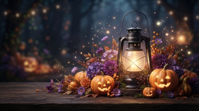 Vintage Lantern and Pumpkins on Wooden Desk