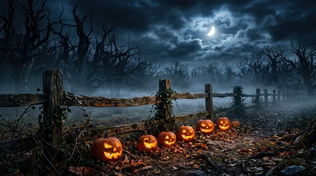 Old Wooden Fence Field Lined with Pumpkins
