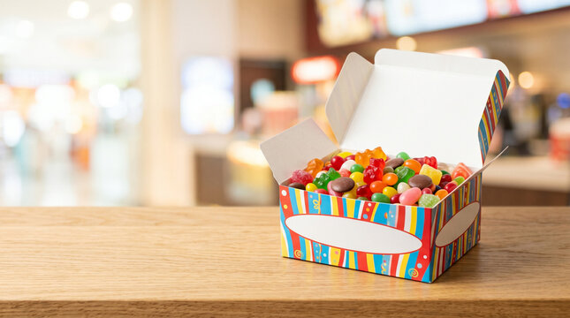 Movie theater candy box filled with colorful sweets on a wooden table  