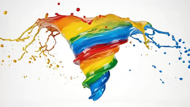 Vibrant rainbow liquid swirl splash footage showing dynamic motion on isolated white background.