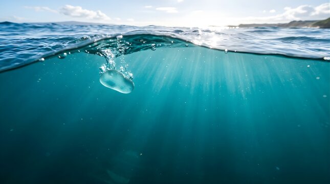 Stone sinking into clear ocean water with surface light rays above