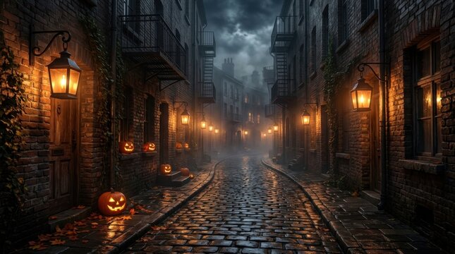 Old Cobblestone Alley Street Lit by Lanterns