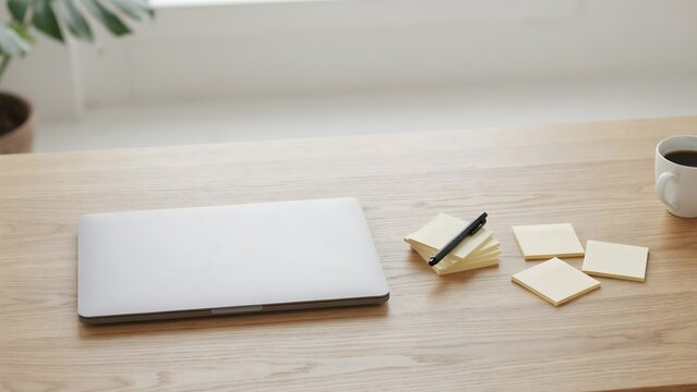 Closed silver laptop with blank sticky notes on oak desk &ndash; Suitable for task management, agile planning, or creative workspace.