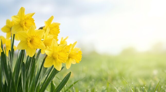 Yellow daffodils flowers in fresh green grass under bright spring sun close up background, copy space