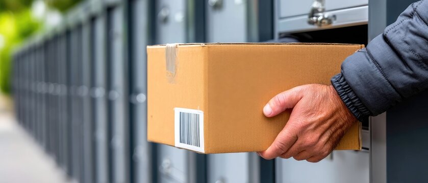Close up of a person placing a cardboard package into a gray locker in a bright setting with soft shadows and focus on the action