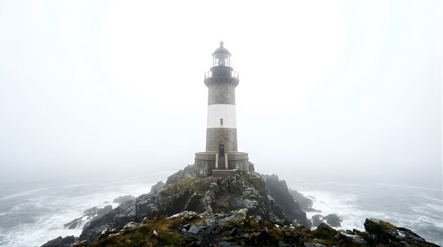 Tall lighthouse on a rocky cliff surrounded by heavy sea fog and ocean waves