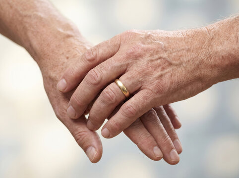 Close-up of elderly hands displaying wedding ring and visible signs of age.