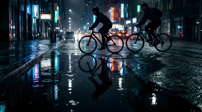 Two cyclists riding bicycles on a wet urban street at night with lights