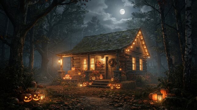 Rustic Wooden Cabin Lit by Halloween String Lights