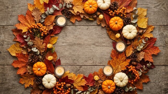 Autumn Wreath Wicker Frame on Wood Background