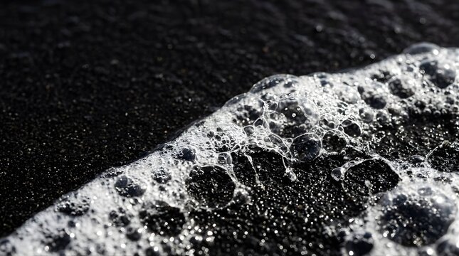 White sea foam washing over volcanic black sand beach at the shoreline