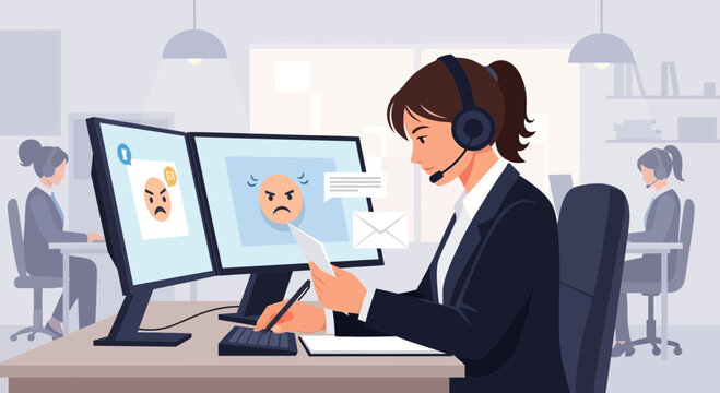 Customer service agent dealing with angry customer feedback on dual monitors