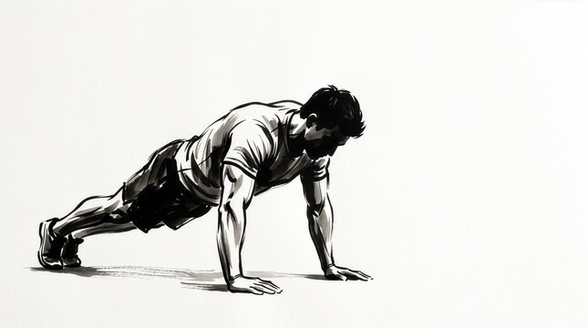 Ink illustration of a man doing push-ups