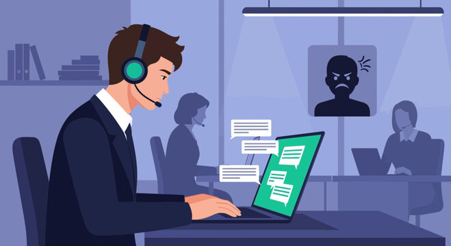 Customer Service Agent with Headset on Laptop, Chat Bubbles, Angry Customer Icon