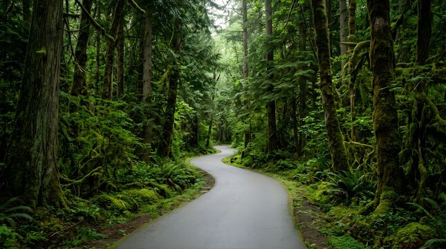 Winding empty asphalt road through a lush green mossy temperate rainforest