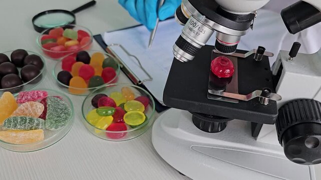 Microscope examination of sweets in a lab setting