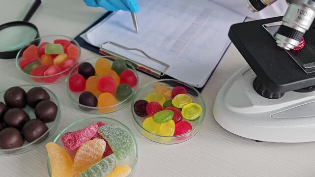 Exploring candy under the microscope in a lab setting with colorful sweets on the table