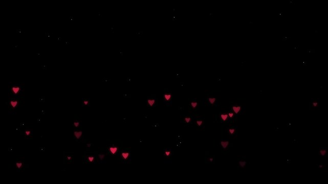Floating pink red hearts with glowing sparkles flying on deep dark background perfect for romantic anniversary event video.
