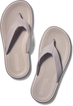 pair of grey flip flops isolated white background, textured rubber sole and fabric strap casual footwear mock-up template top view